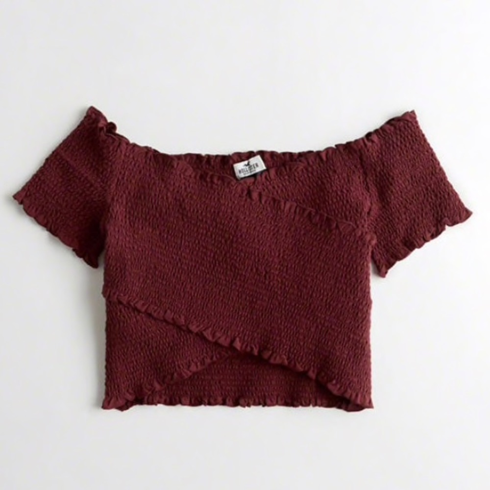 Burgundy smocked wrap off the shoulder crop top